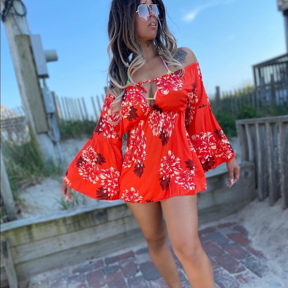 Summer Beauty Orange Minidress Off Shoulder Tunic Floral Beach Coverup
